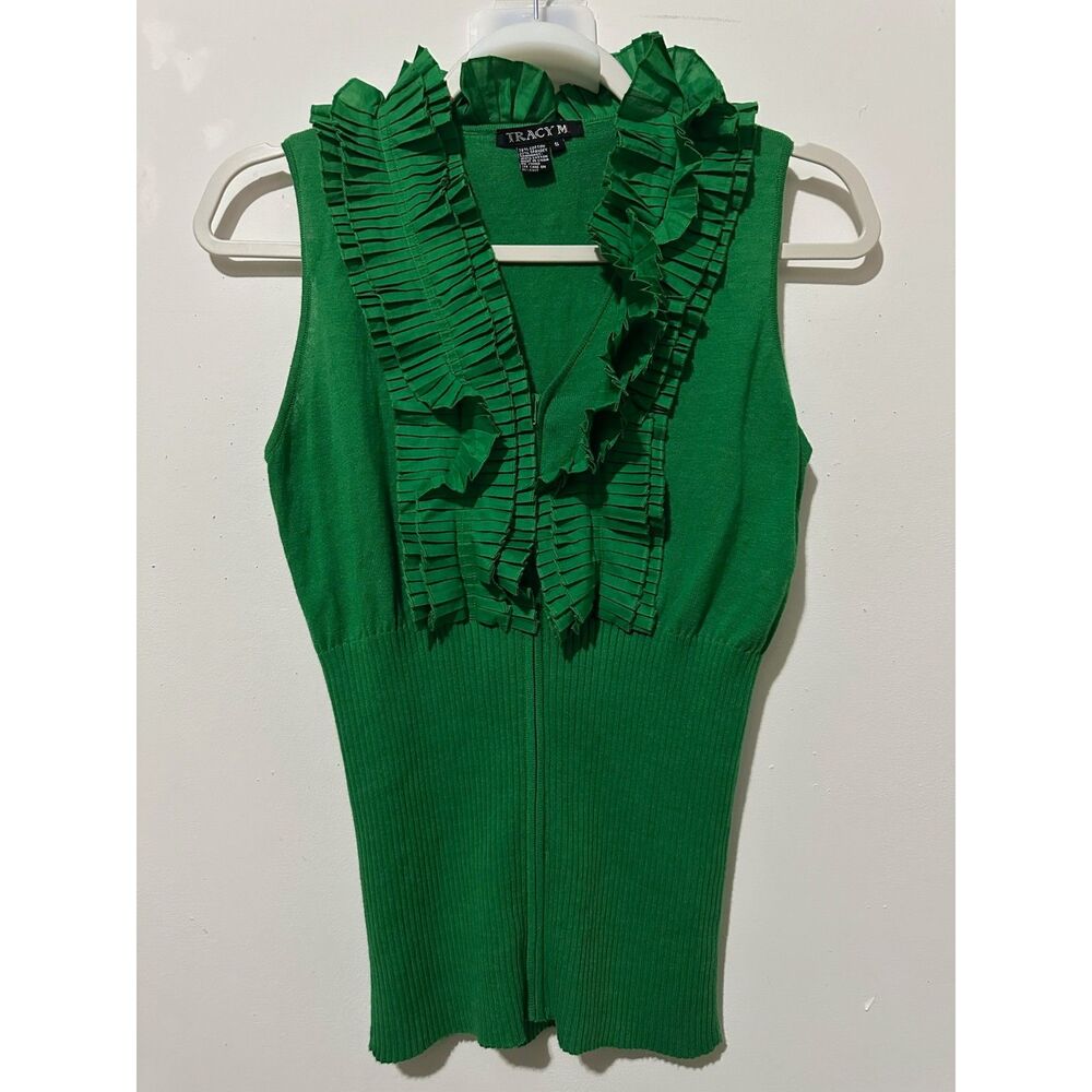 Tracy M Green Knit Sleeveless Top with Cascade Ruffles Neckline-Size S.